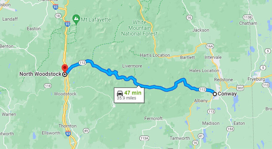 motorcycle route map of the Kancamagus Highway in NH